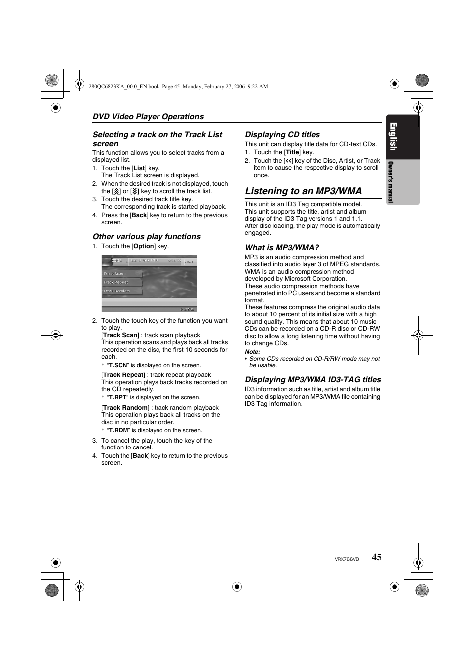 Listening to an mp3/wma, English | Clarion VRX766VD User Manual | Page 45 / 76