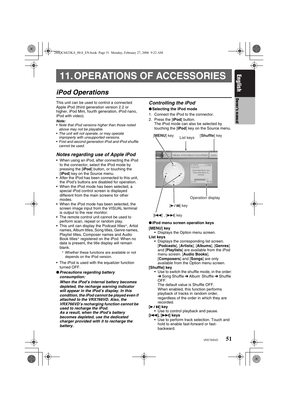 Operations of accessories, Ipod operations, English | Clarion VRX766VD User Manual | Page 51 / 76