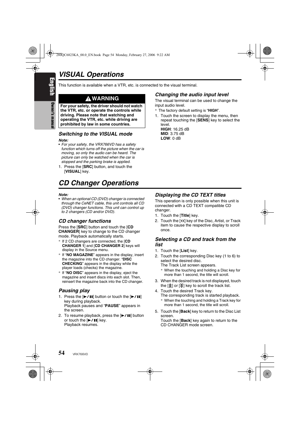 Visual operations, Cd changer operations, English | Warning | Clarion VRX766VD User Manual | Page 54 / 76