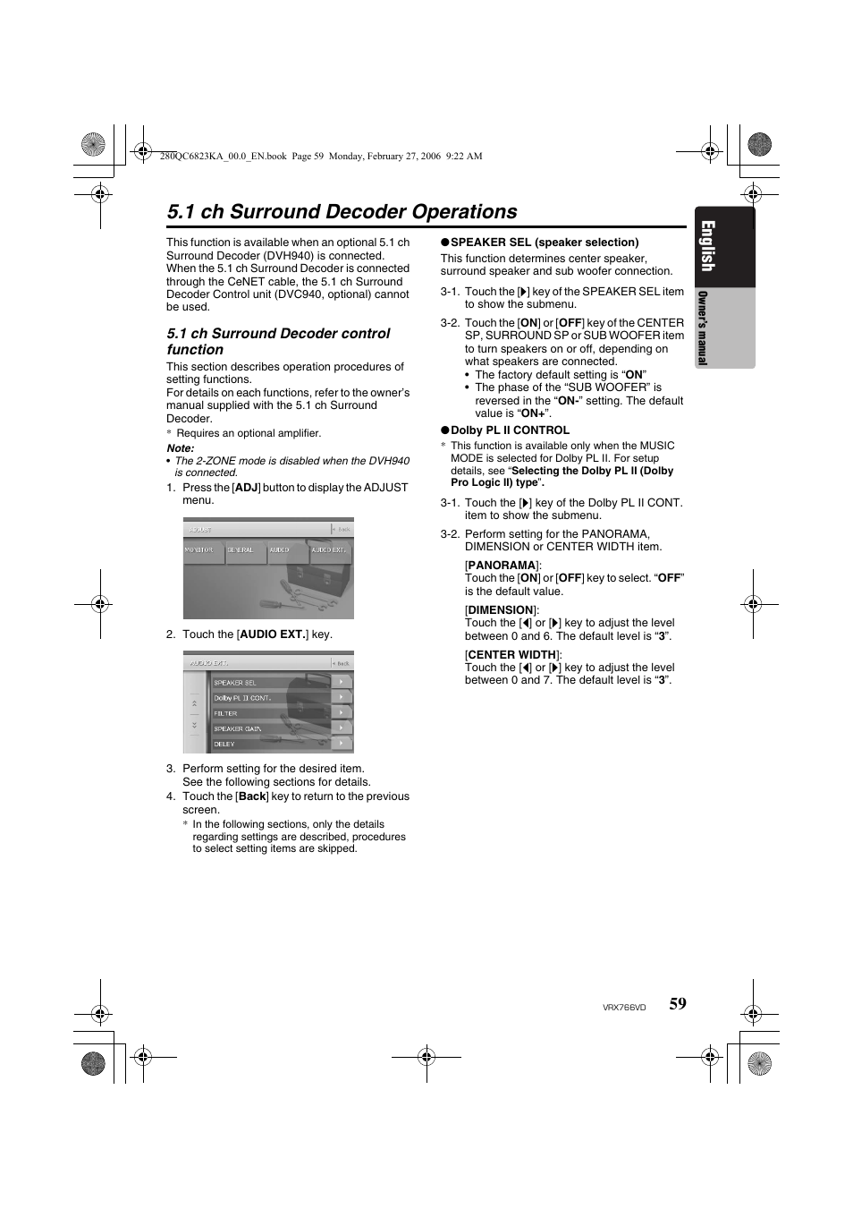 1 ch surround decoder operations, English | Clarion VRX766VD User Manual | Page 59 / 76