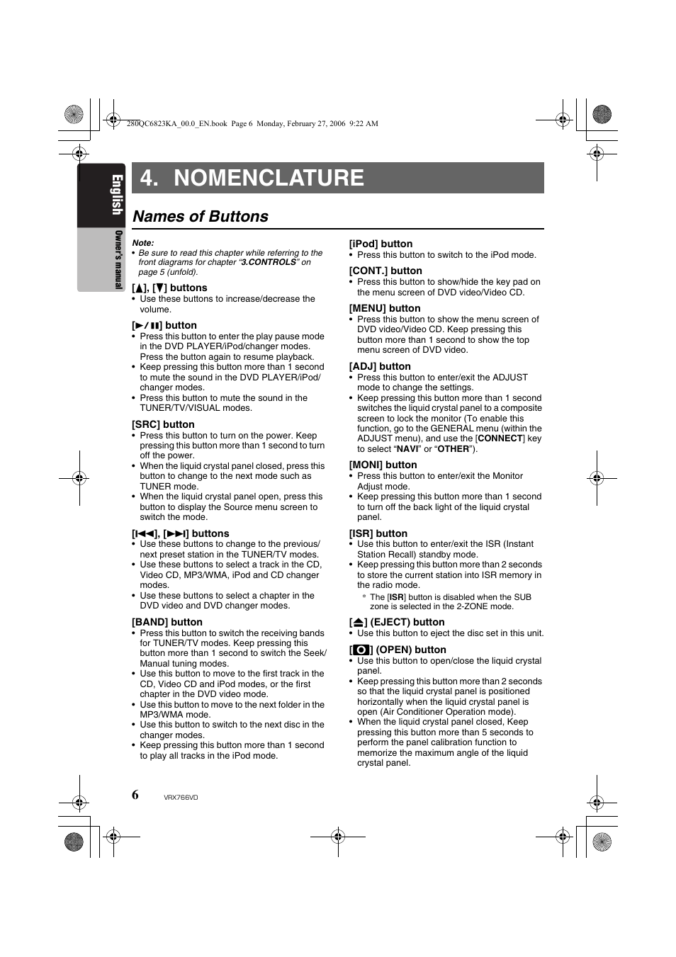 Nomenclature, Names of buttons, English | Clarion VRX766VD User Manual | Page 6 / 76