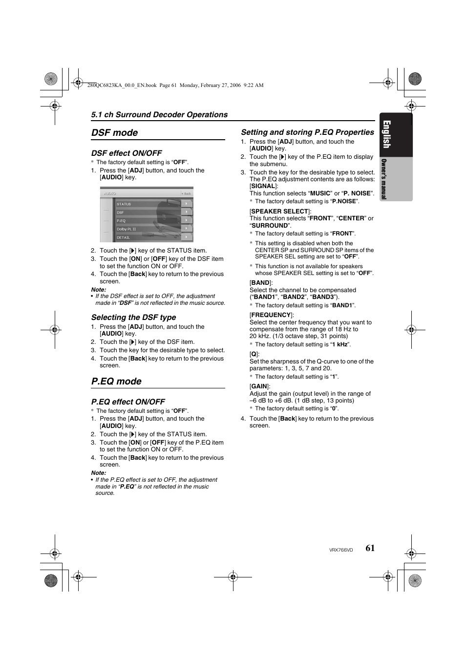 English, Dsf mode, P.eq mode | Clarion VRX766VD User Manual | Page 61 / 76