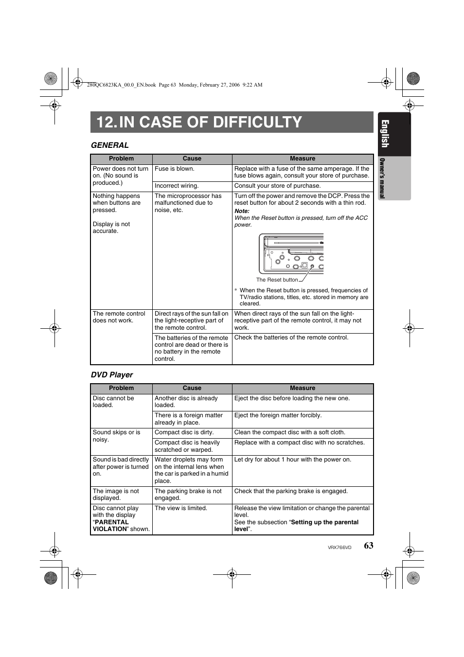 In case of difficulty, English | Clarion VRX766VD User Manual | Page 63 / 76