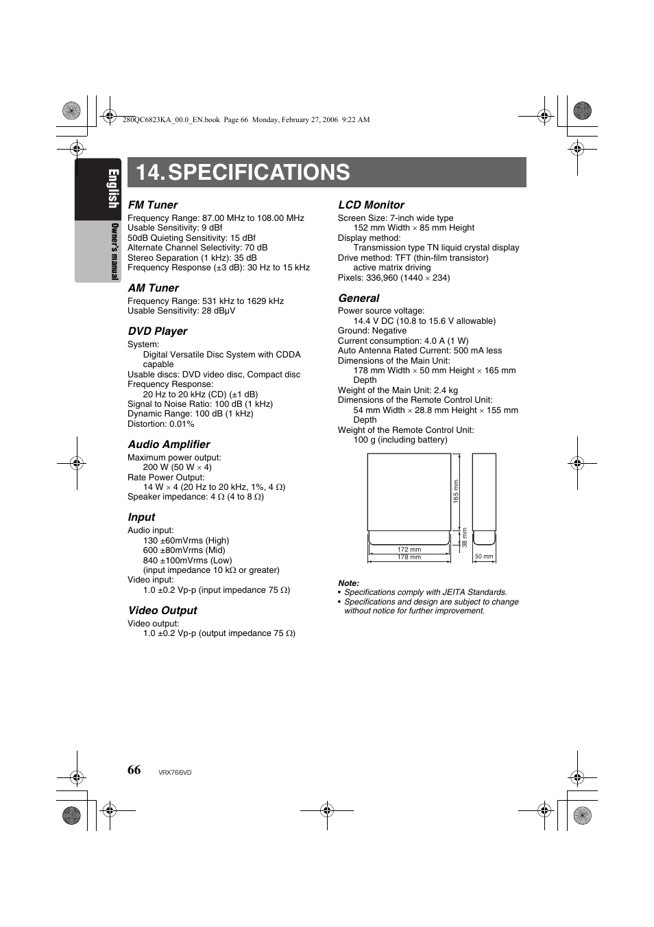 Specifications, English | Clarion VRX766VD User Manual | Page 66 / 76