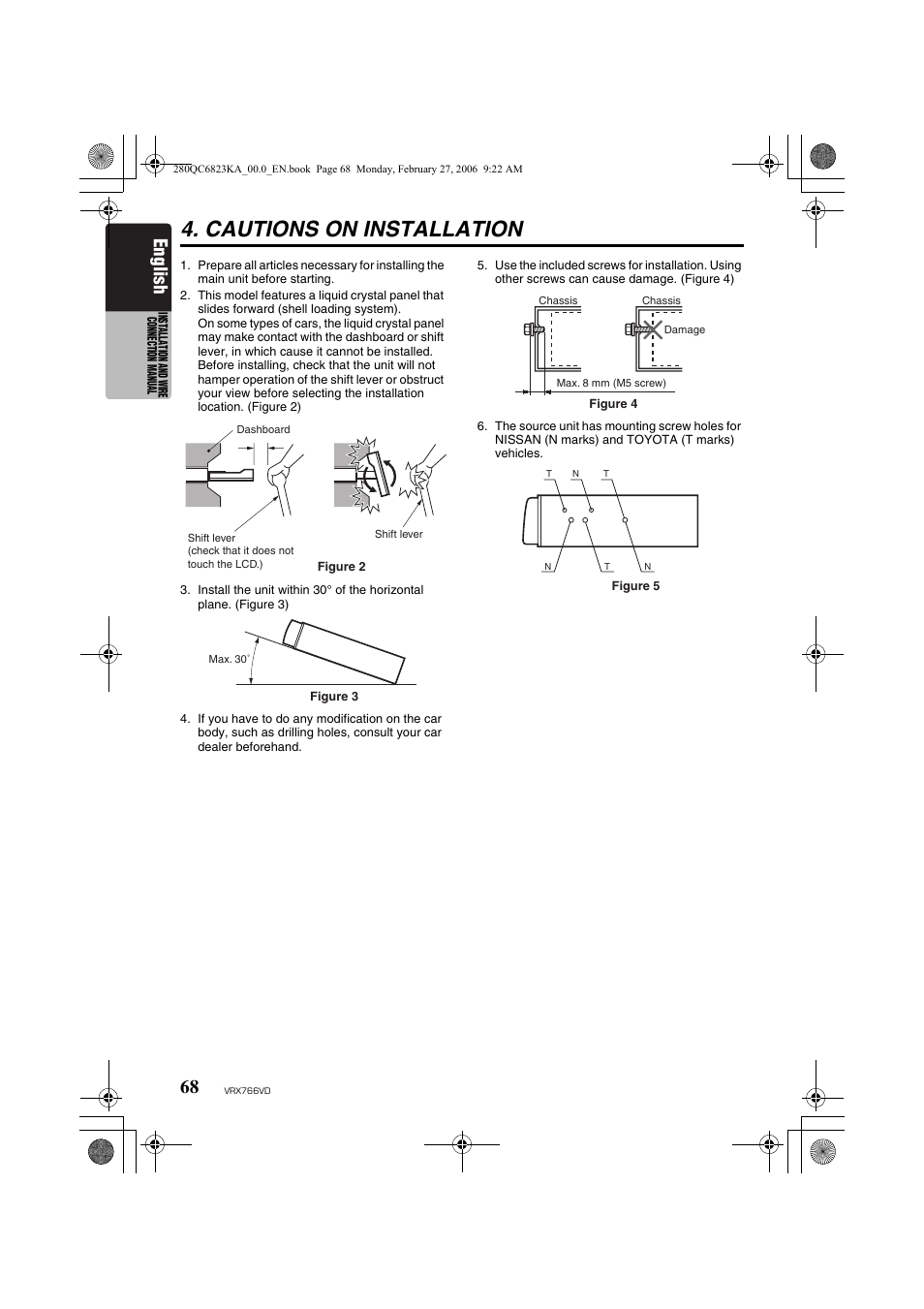 Cautions on installation, English | Clarion VRX766VD User Manual | Page 68 / 76