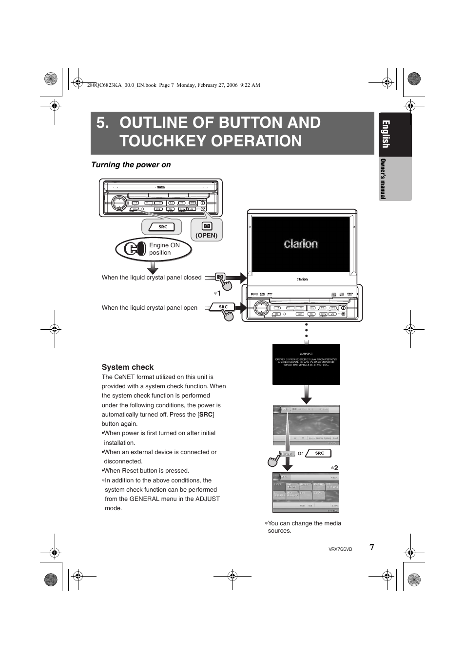 Outline of button and touchkey operation, English | Clarion VRX766VD User Manual | Page 7 / 76
