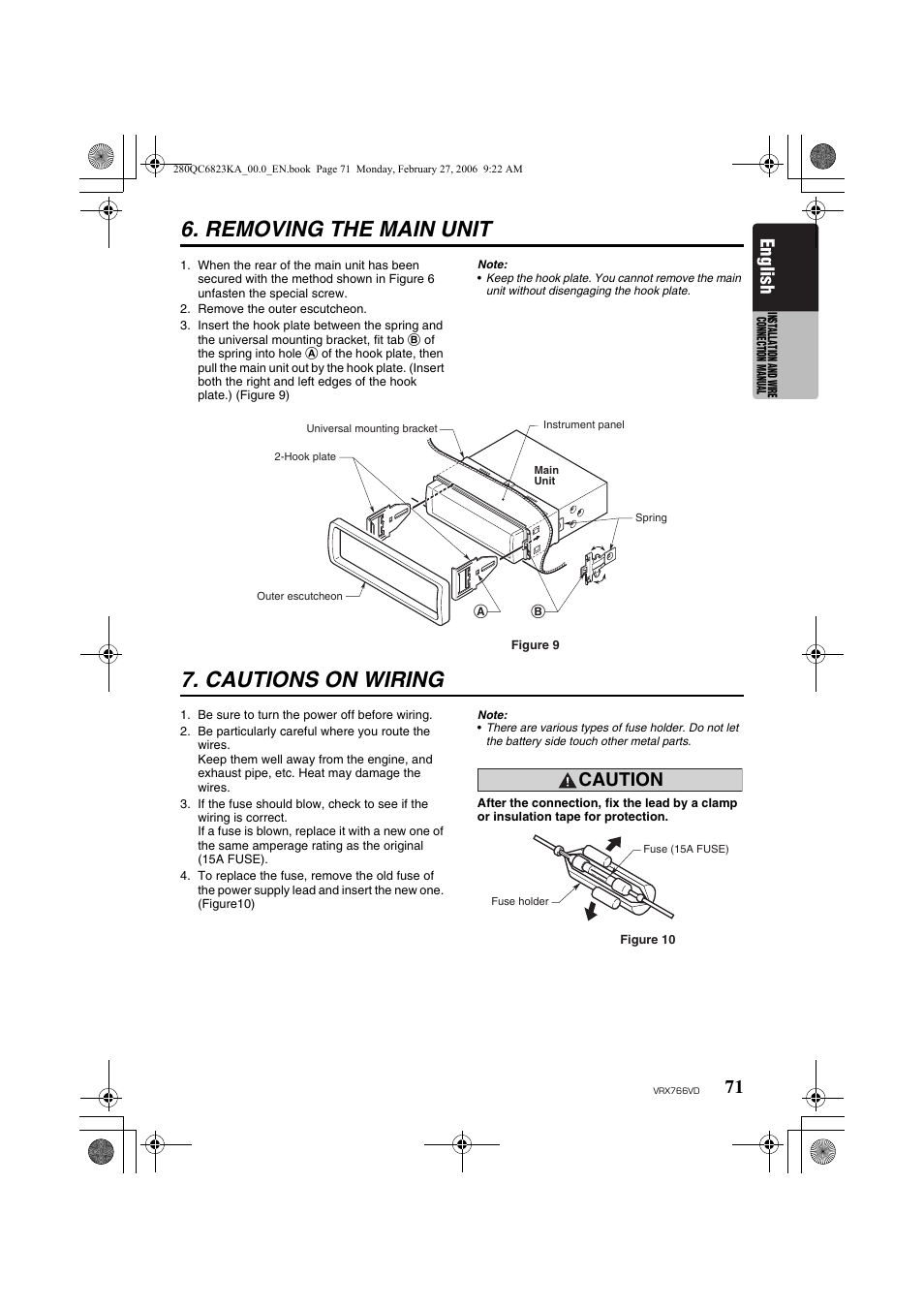 Removing the main unit, Cautions on wiring, English | Caution | Clarion VRX766VD User Manual | Page 71 / 76