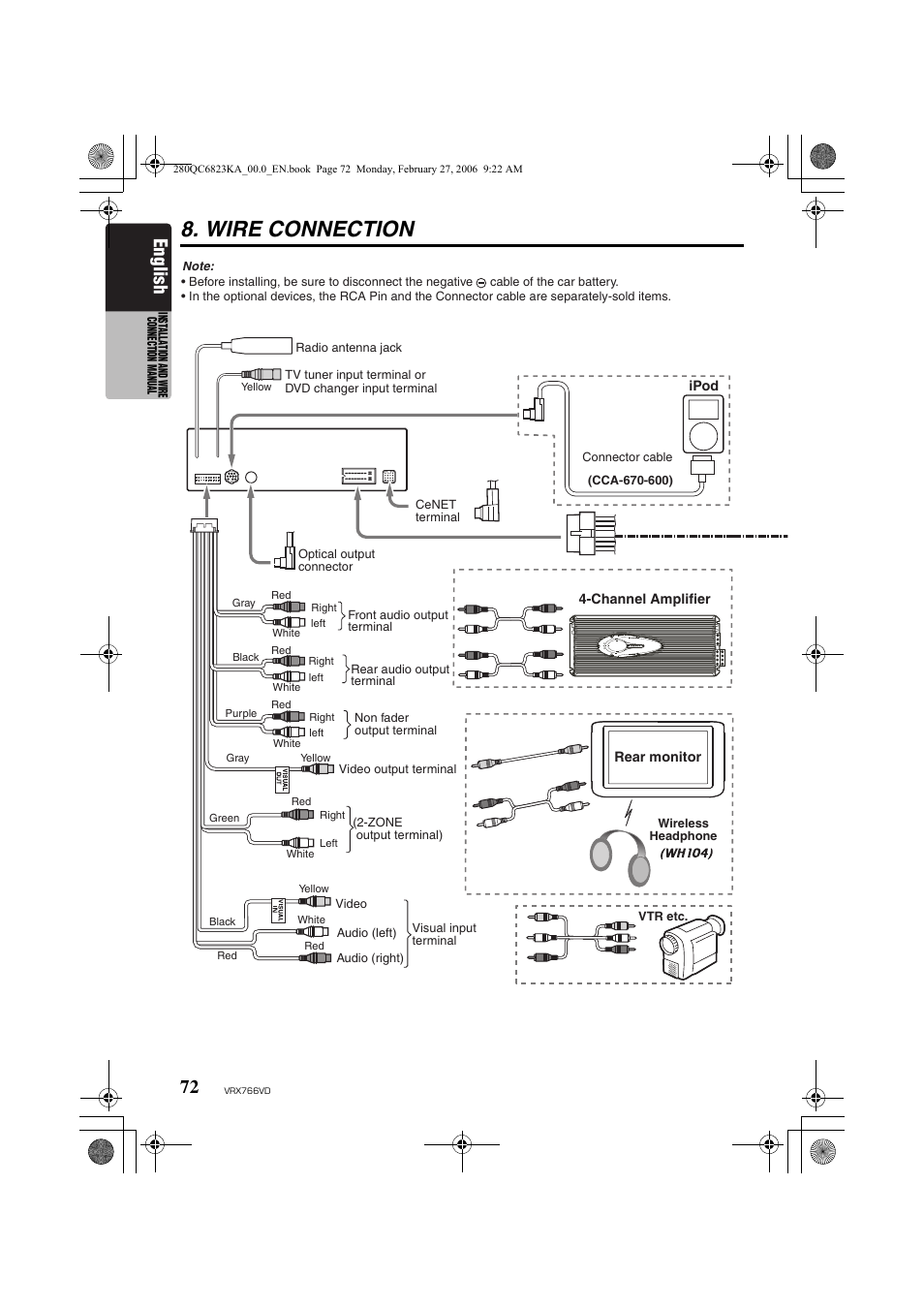 Wire connection, English | Clarion VRX766VD User Manual | Page 72 / 76