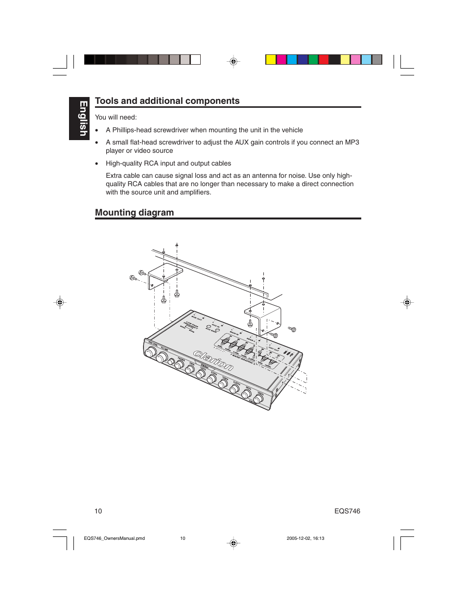 English, Tools and additional components, Mounting diagram | Clarion EQS746 User Manual | Page 10 / 16