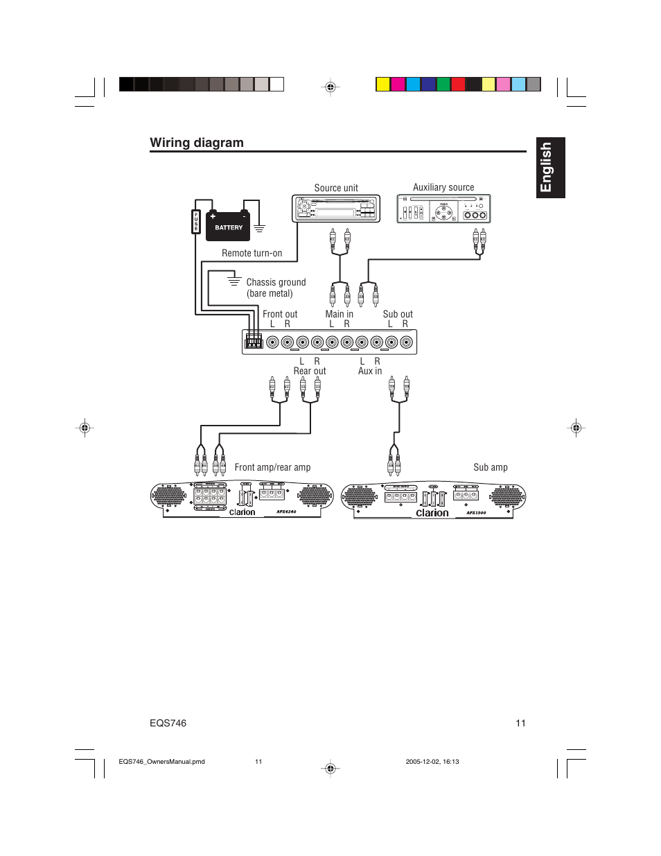 English, Wiring diagram | Clarion EQS746 User Manual | Page 11 / 16