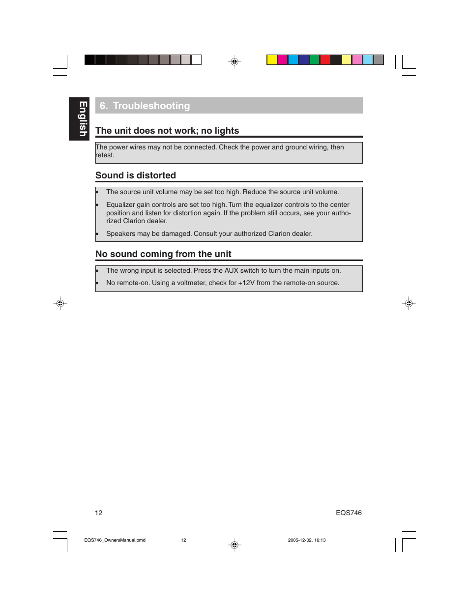 English 6. troubleshooting | Clarion EQS746 User Manual | Page 12 / 16