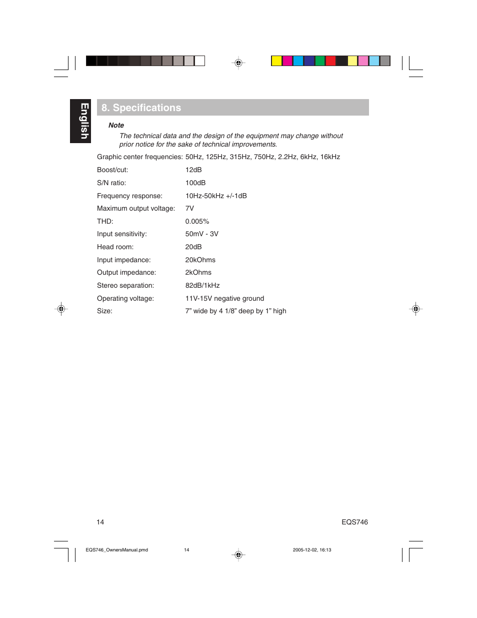 English 8. specifications | Clarion EQS746 User Manual | Page 14 / 16