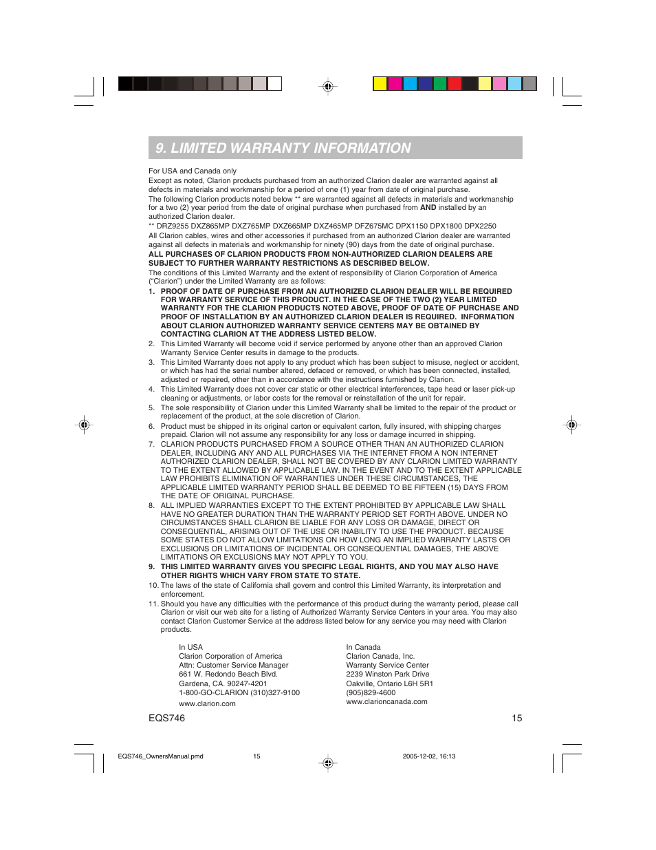 Limited warranty information | Clarion EQS746 User Manual | Page 15 / 16