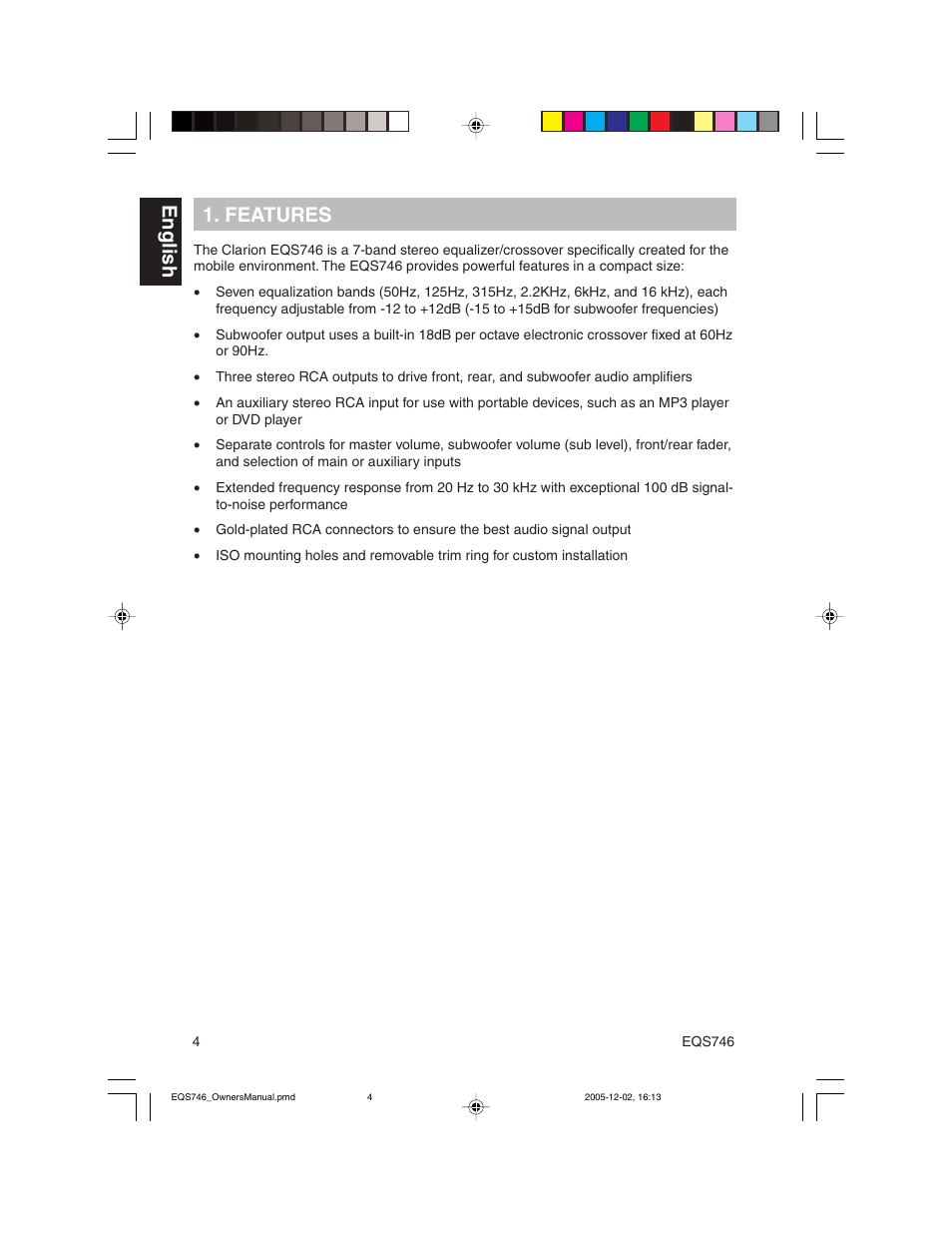 English 1. features | Clarion EQS746 User Manual | Page 4 / 16