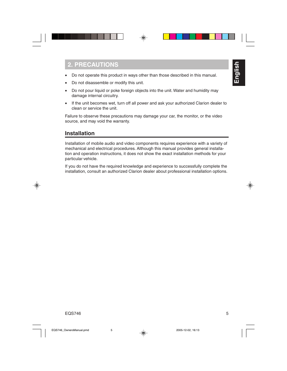 English 2. precautions, Installation | Clarion EQS746 User Manual | Page 5 / 16