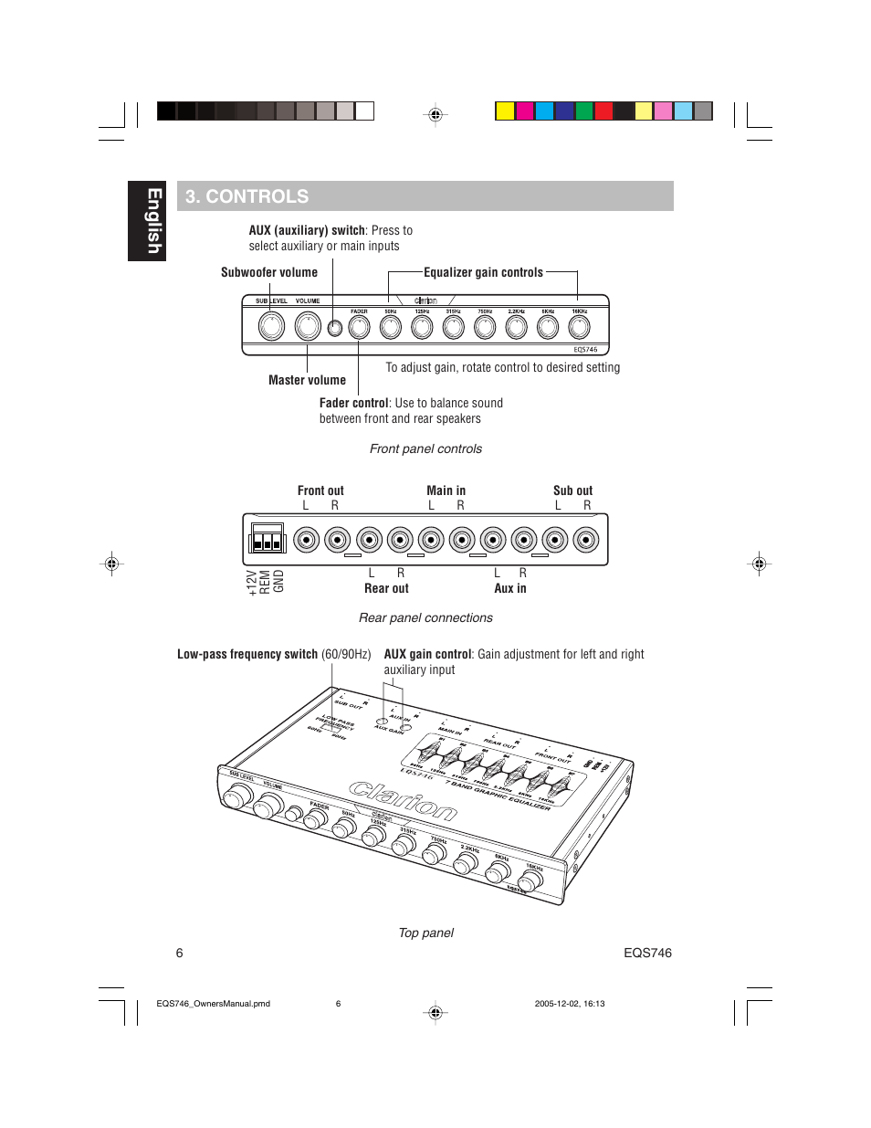 English 3. controls | Clarion EQS746 User Manual | Page 6 / 16