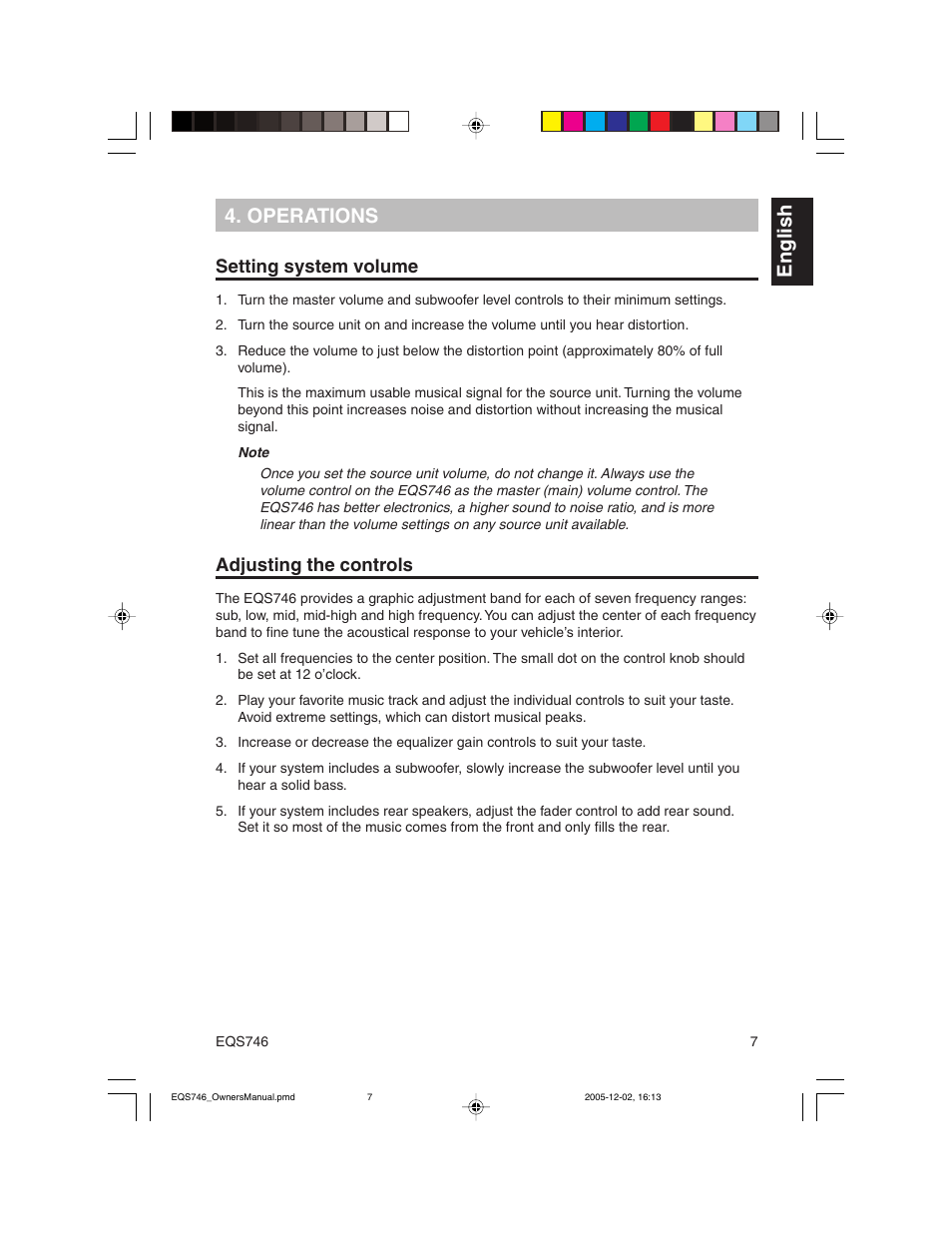 English 4. operations, Setting system volume, Adjusting the controls | Clarion EQS746 User Manual | Page 7 / 16