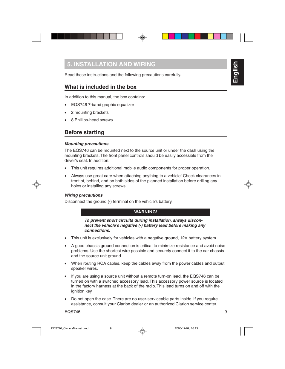 English 5. installation and wiring, What is included in the box, Before starting | Clarion EQS746 User Manual | Page 9 / 16