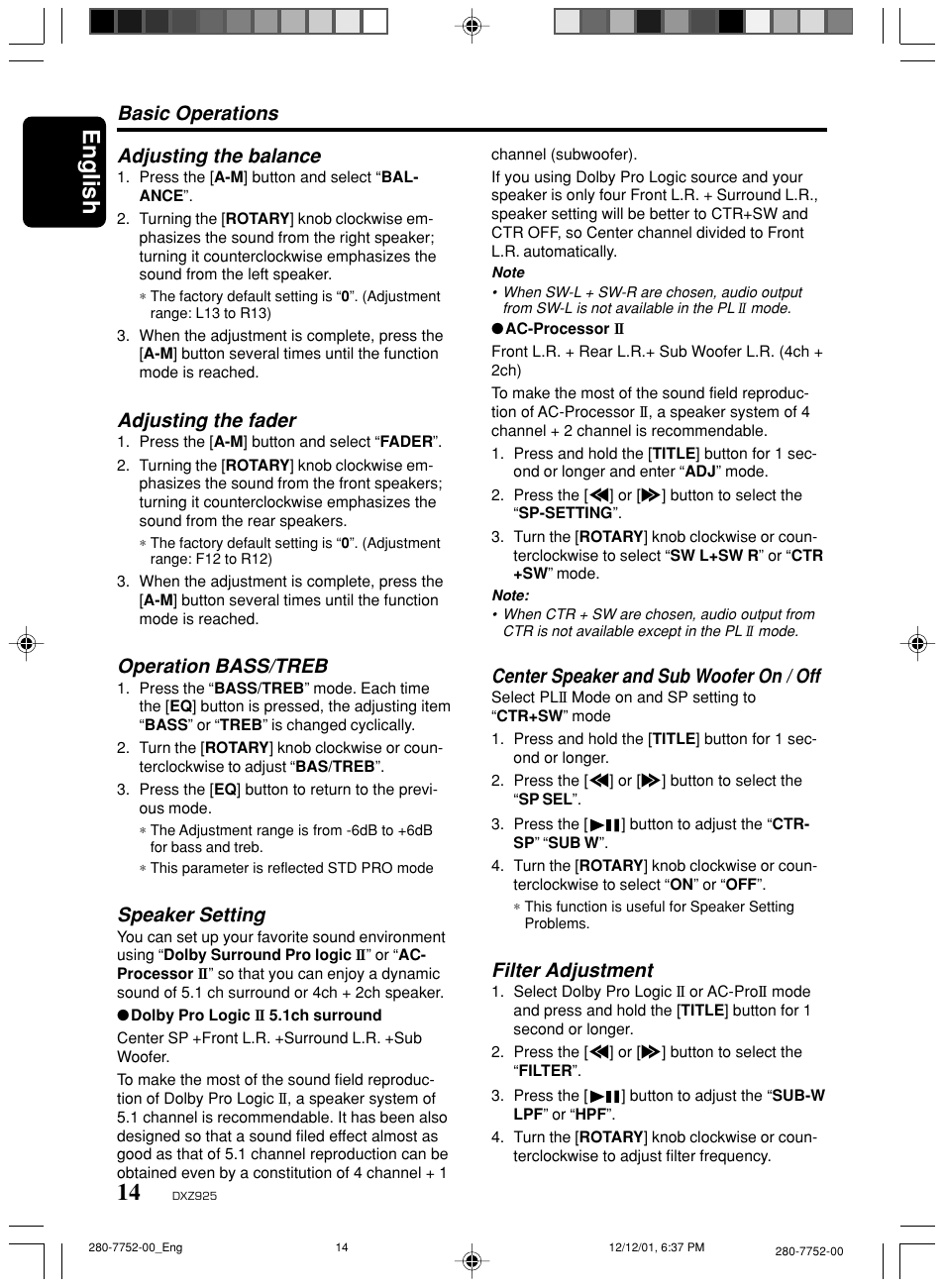 English, Adjusting the balance, Adjusting the fader | Operation bass/treb, Speaker setting, Center speaker and sub woofer on / off, Filter adjustment, Basic operations | Clarion DXZ925 User Manual | Page 10 / 30