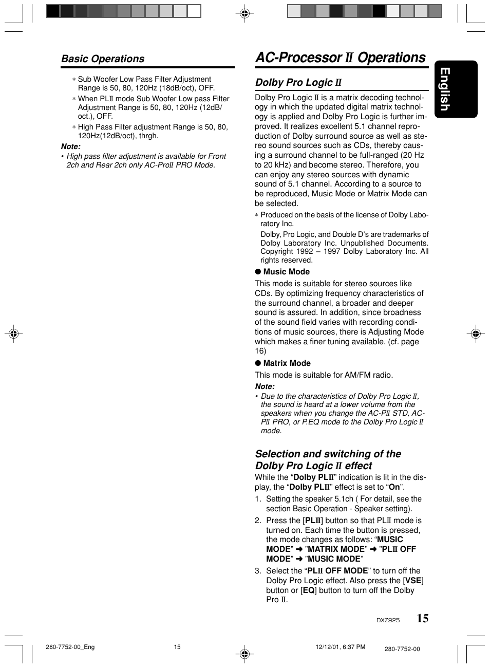 Ac-processor, Operations, 15 english | Dolby pro logic, Selection and switching of the dolby pro logic, Effect, Basic operations | Clarion DXZ925 User Manual | Page 11 / 30