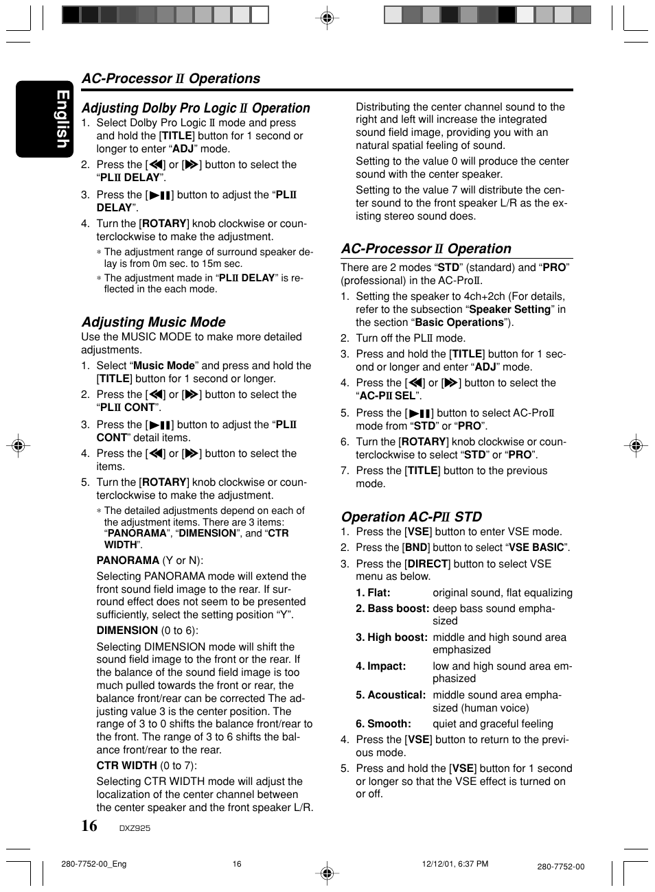 English, Ac-processor, Operations adjusting dolby pro logic | Operation, Adjusting music mode, Operation ac-p | Clarion DXZ925 User Manual | Page 12 / 30