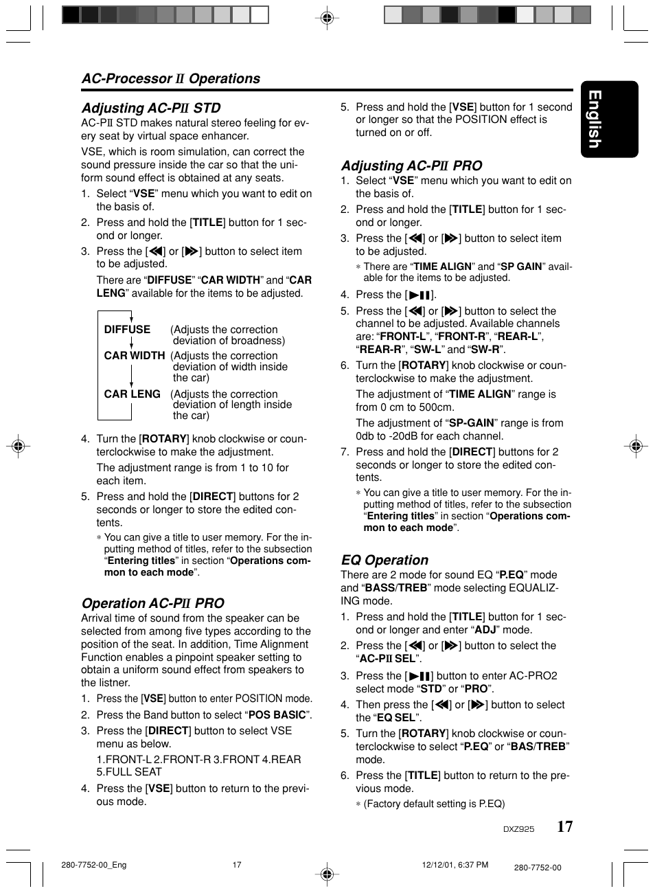 17 english, Adjusting ac-p, Ac-processor | Operations, Eq operation, Operation ac-p | Clarion DXZ925 User Manual | Page 13 / 30