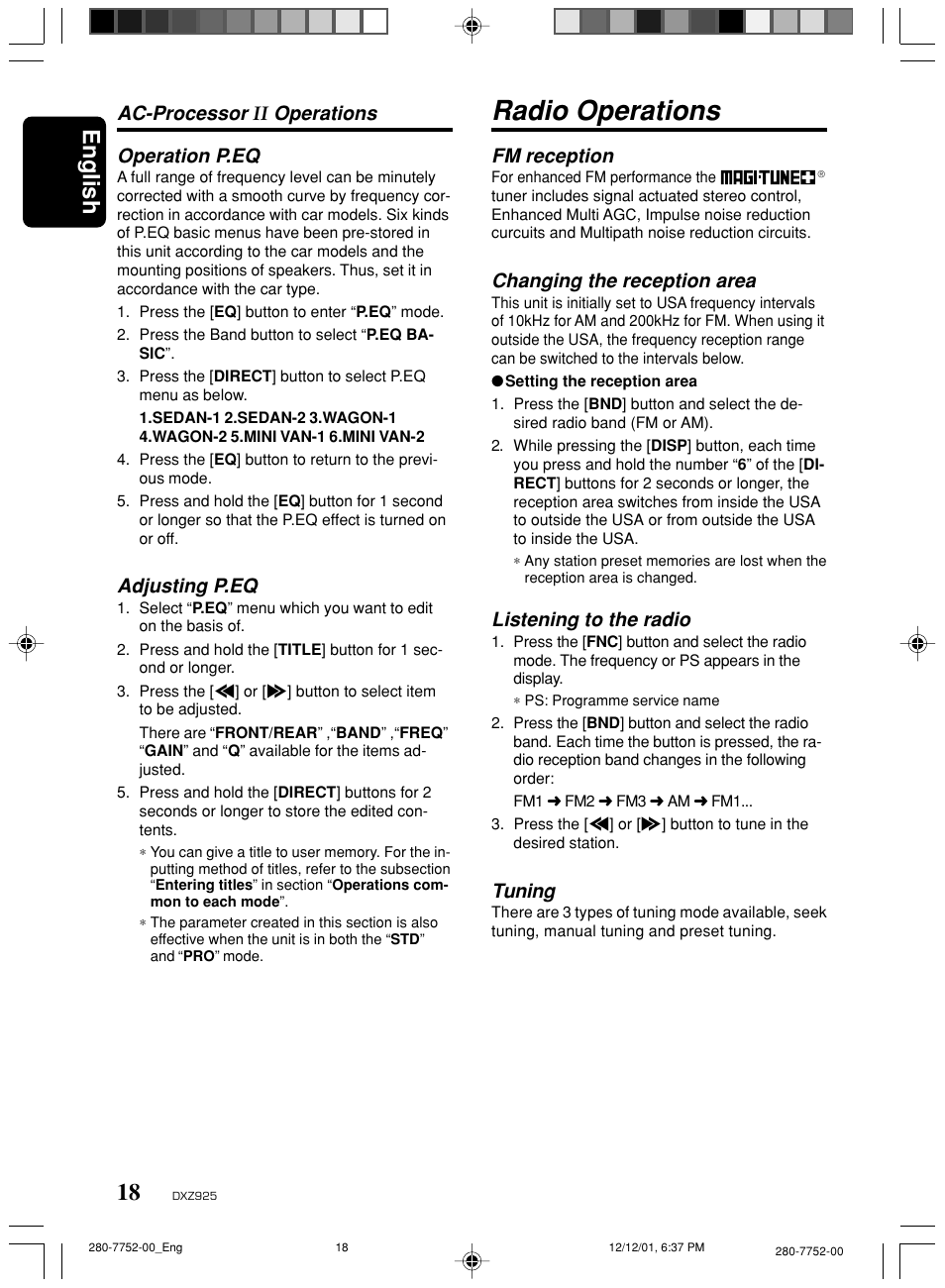 Radio operations, English, Fm reception | Changing the reception area, Listening to the radio, Tuning, Operation p.eq, Adjusting p.eq, Ac-processor, Operations | Clarion DXZ925 User Manual | Page 14 / 30
