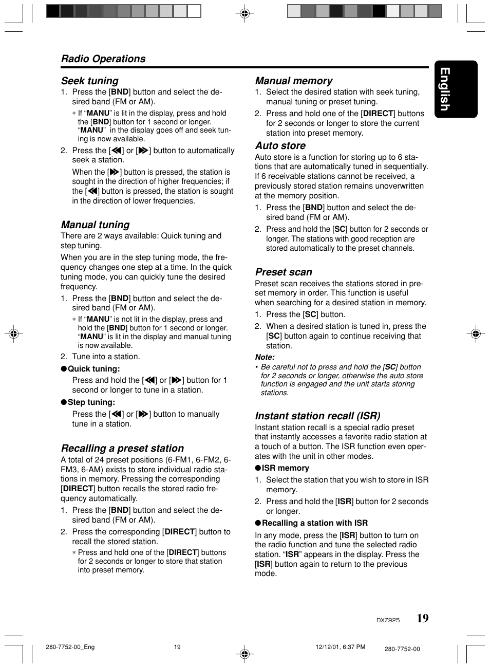 19 english, Auto store, Preset scan | Instant station recall (isr), Radio operations seek tuning, Manual tuning, Recalling a preset station | Clarion DXZ925 User Manual | Page 15 / 30