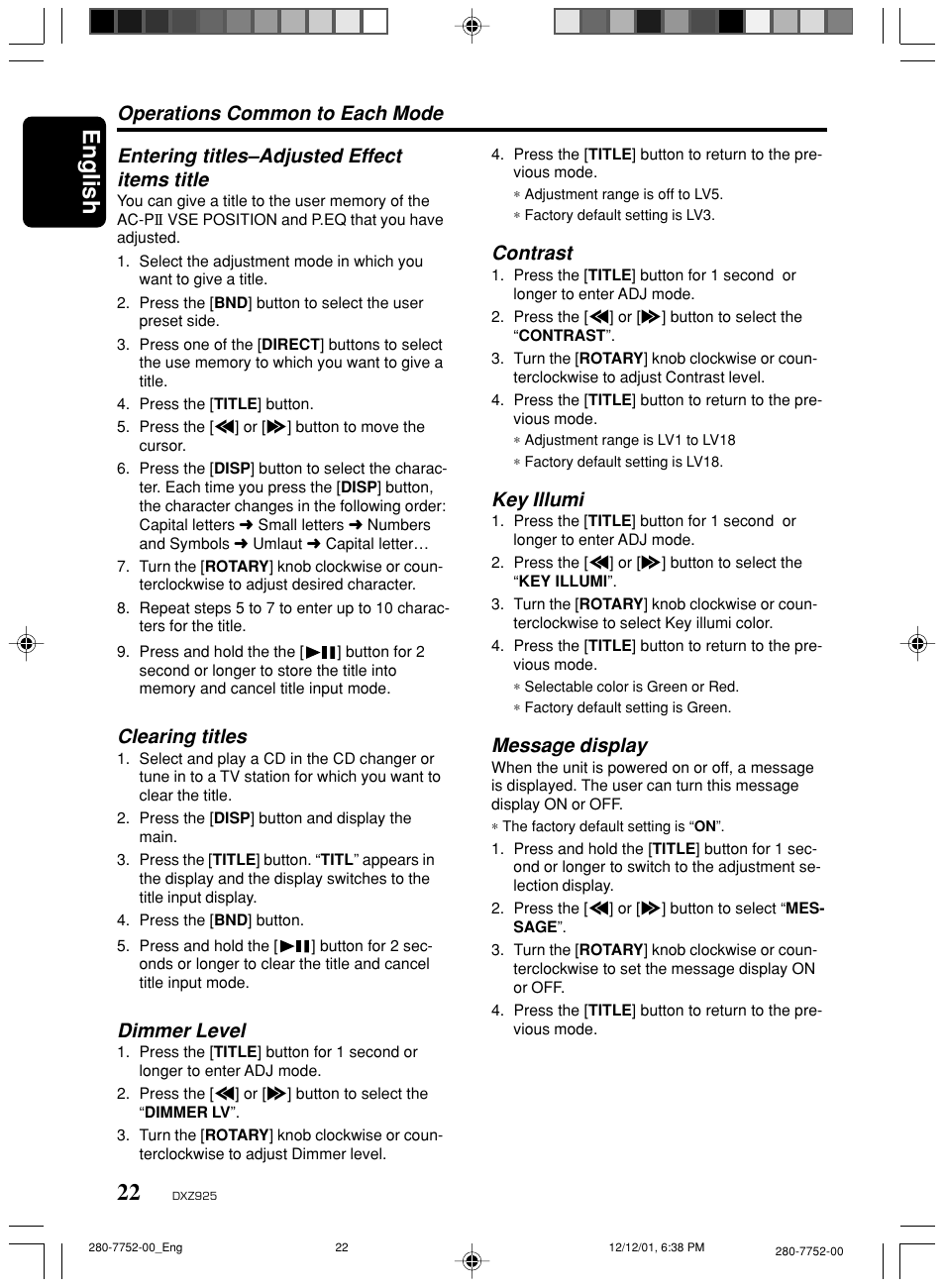 English, Entering titles–adjusted effect items title, Clearing titles | Dimmer level, Operations common to each mode, Contrast, Key illumi, Message display | Clarion DXZ925 User Manual | Page 18 / 30