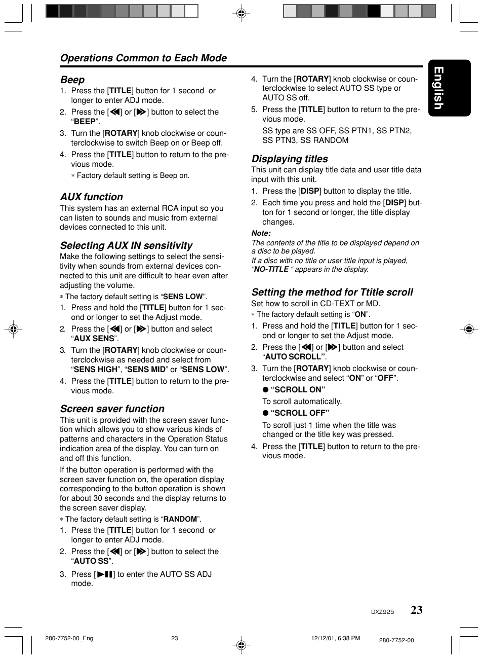 23 english, Operations common to each mode, Displaying titles | Setting the method for ttitle scroll, Beep, Aux function, Selecting aux in sensitivity, Screen saver function | Clarion DXZ925 User Manual | Page 19 / 30