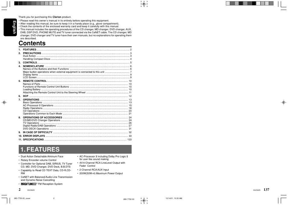 Clarion DXZ925 User Manual | Page 2 / 30