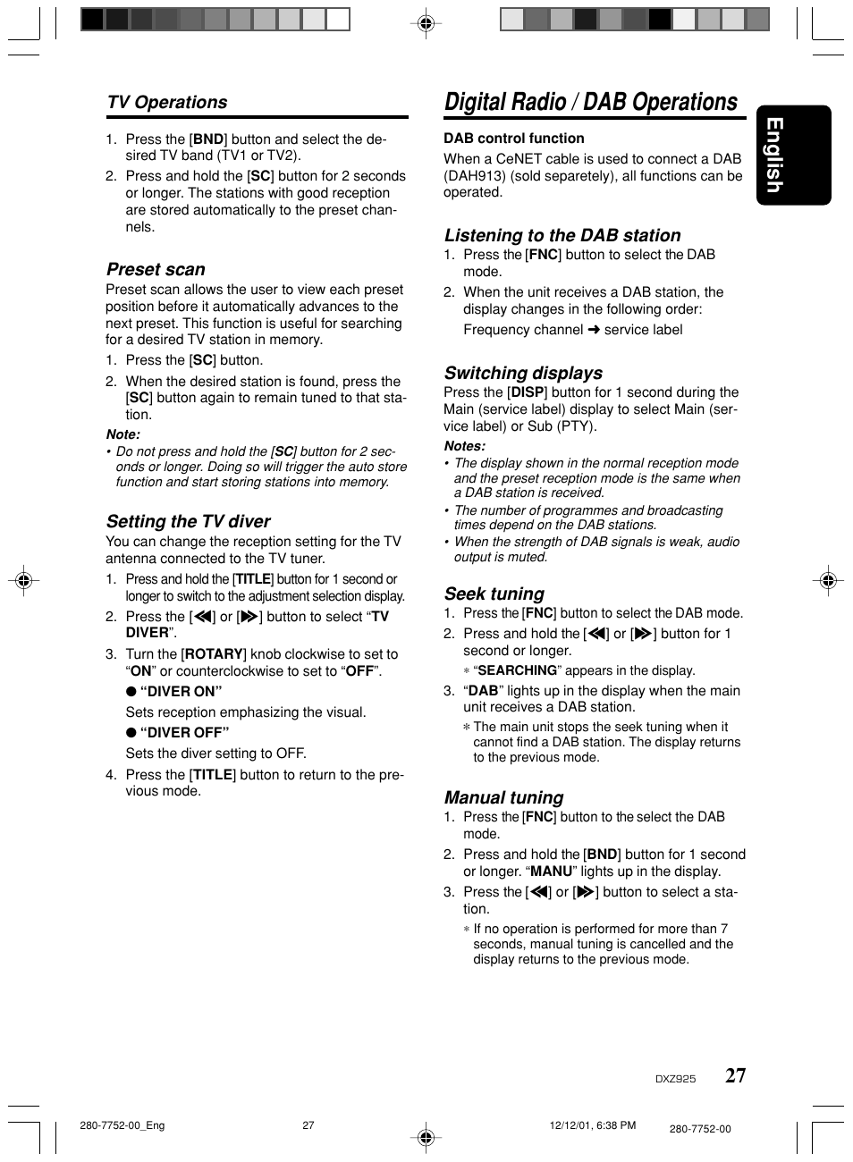 Digital radio / dab operations, 27 english, Preset scan | Setting the tv diver, Tv operations, Listening to the dab station, Switching displays, Seek tuning, Manual tuning | Clarion DXZ925 User Manual | Page 23 / 30