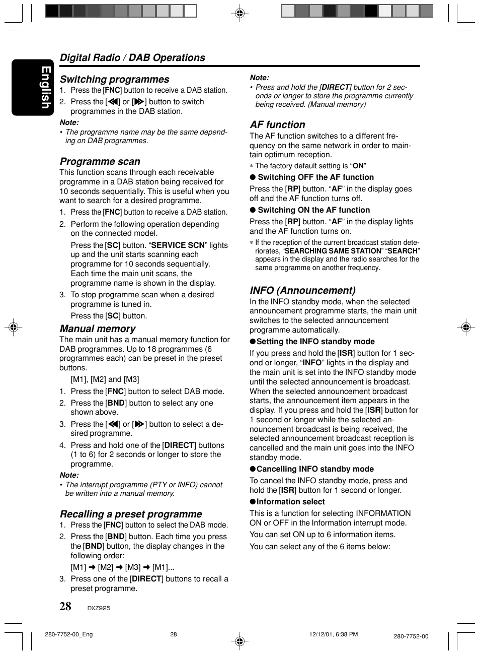 English, Programme scan, Recalling a preset programme | Af function, Info (announcement) | Clarion DXZ925 User Manual | Page 24 / 30