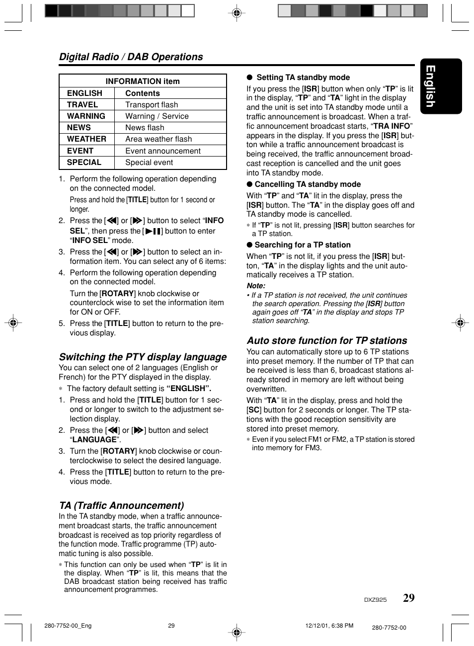 29 english, Digital radio / dab operations, Switching the pty display language | Ta (traffic announcement), Auto store function for tp stations | Clarion DXZ925 User Manual | Page 25 / 30