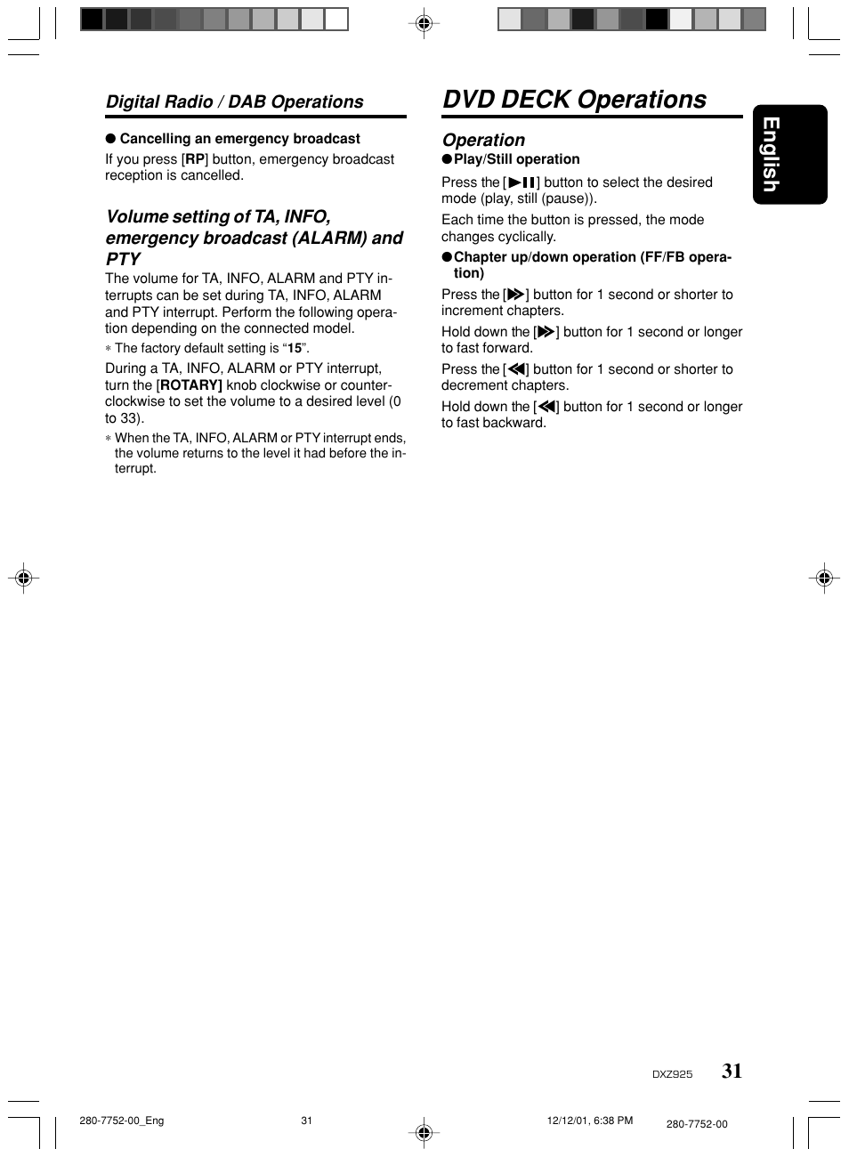 Dvd deck operations, 31 english, Operation | Digital radio / dab operations | Clarion DXZ925 User Manual | Page 27 / 30
