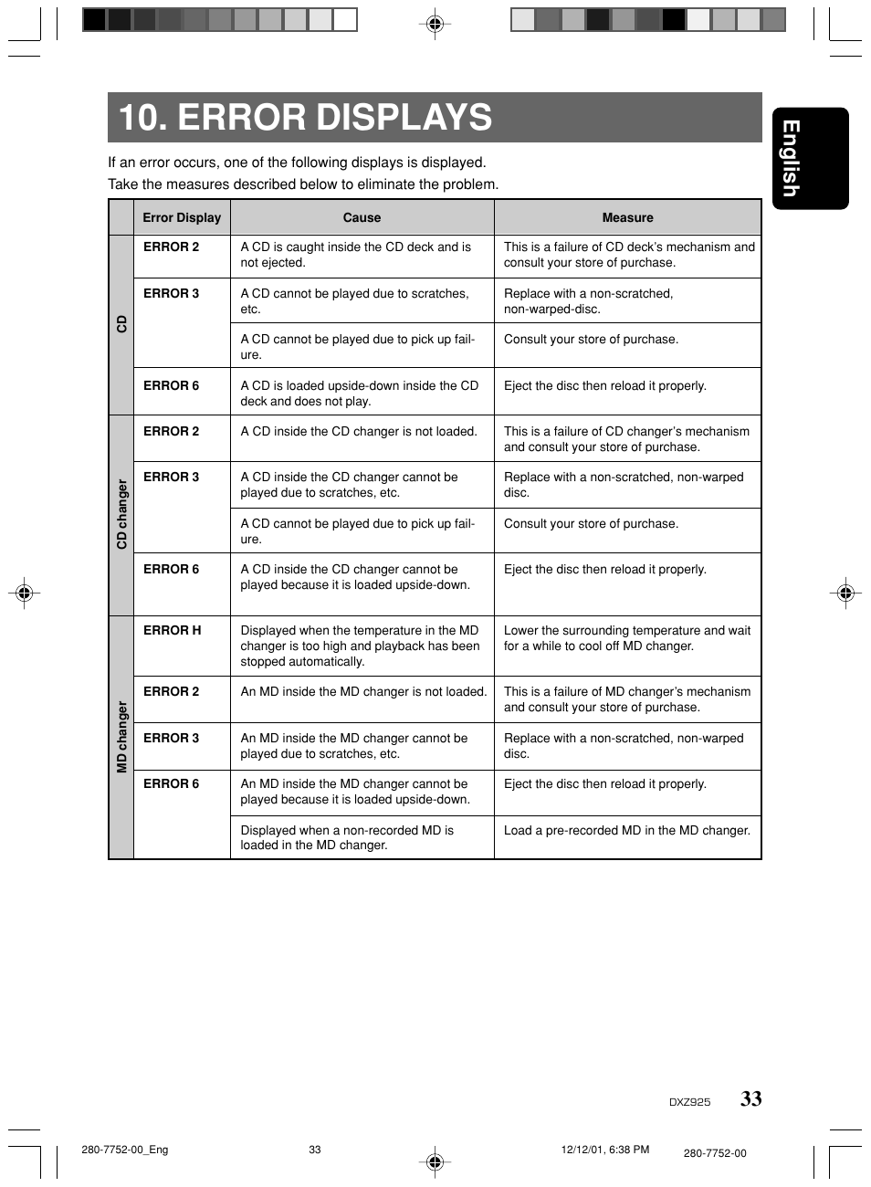 Error displays, 33 english | Clarion DXZ925 User Manual | Page 29 / 30