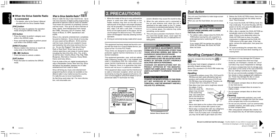 Precautions, Dual action, Handling compact discs | What is sirius satellite radio, 4english english english, Caution, When the sirius satelite radio is connected, Handling, Storage, Cleaning | Clarion DXZ925 User Manual | Page 3 / 30