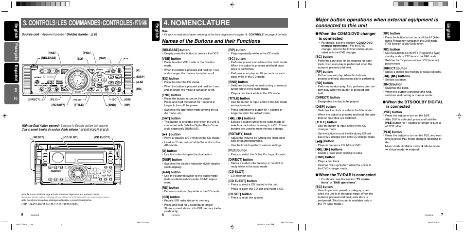 Nomenclature, Controls/les commandes/controles, Names of the buttons and their functions | English, English fran ç ais espa ñ ol english, When the cd/md/dvd changer is connected, When the tv/dab is connected, When the dts/dolby digital is connected | Clarion DXZ925 User Manual | Page 4 / 30