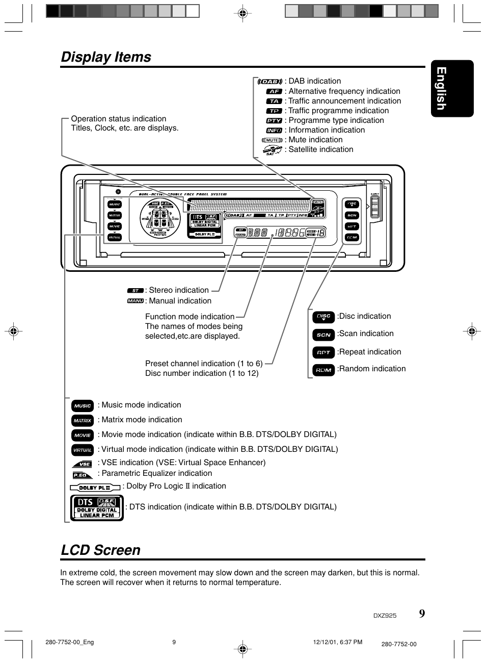 Lcd screen, Display items, 9english | Clarion DXZ925 User Manual | Page 5 / 30