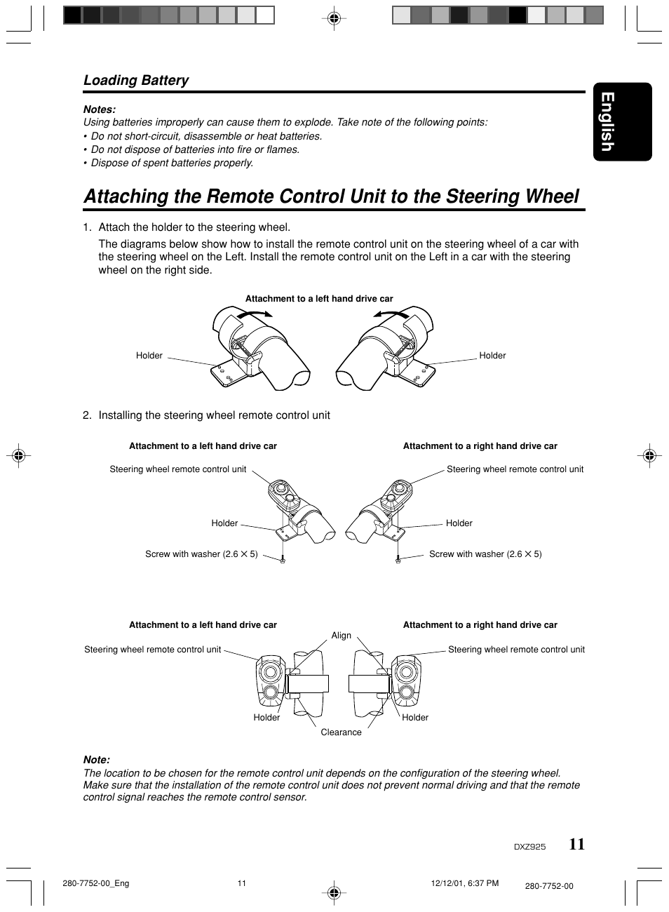 11 english, Loading battery | Clarion DXZ925 User Manual | Page 7 / 30