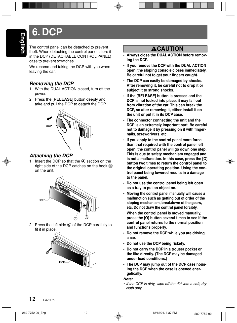 English, Caution, Removing the dcp | Attaching the dcp | Clarion DXZ925 User Manual | Page 8 / 30
