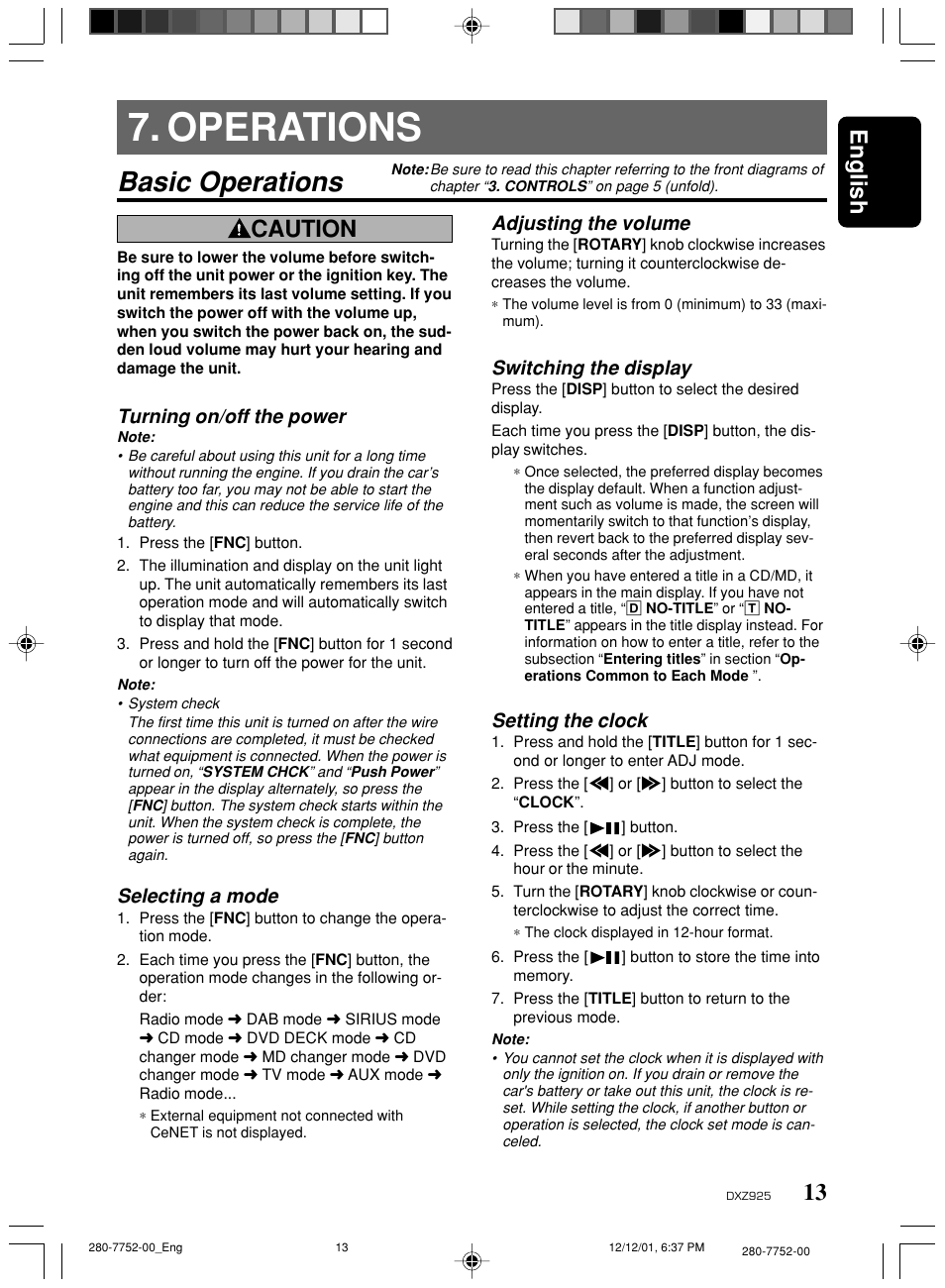 Operations, Basic operations, 13 english | Caution, Turning on/off the power, Selecting a mode, Adjusting the volume, Switching the display, Setting the clock | Clarion DXZ925 User Manual | Page 9 / 30