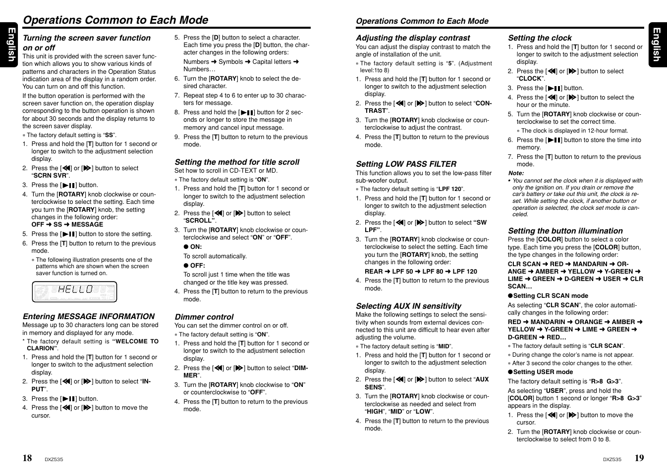 Operations common to each mode, 19 english 18, English | Clarion ProAudio DXZ535 User Manual | Page 10 / 15