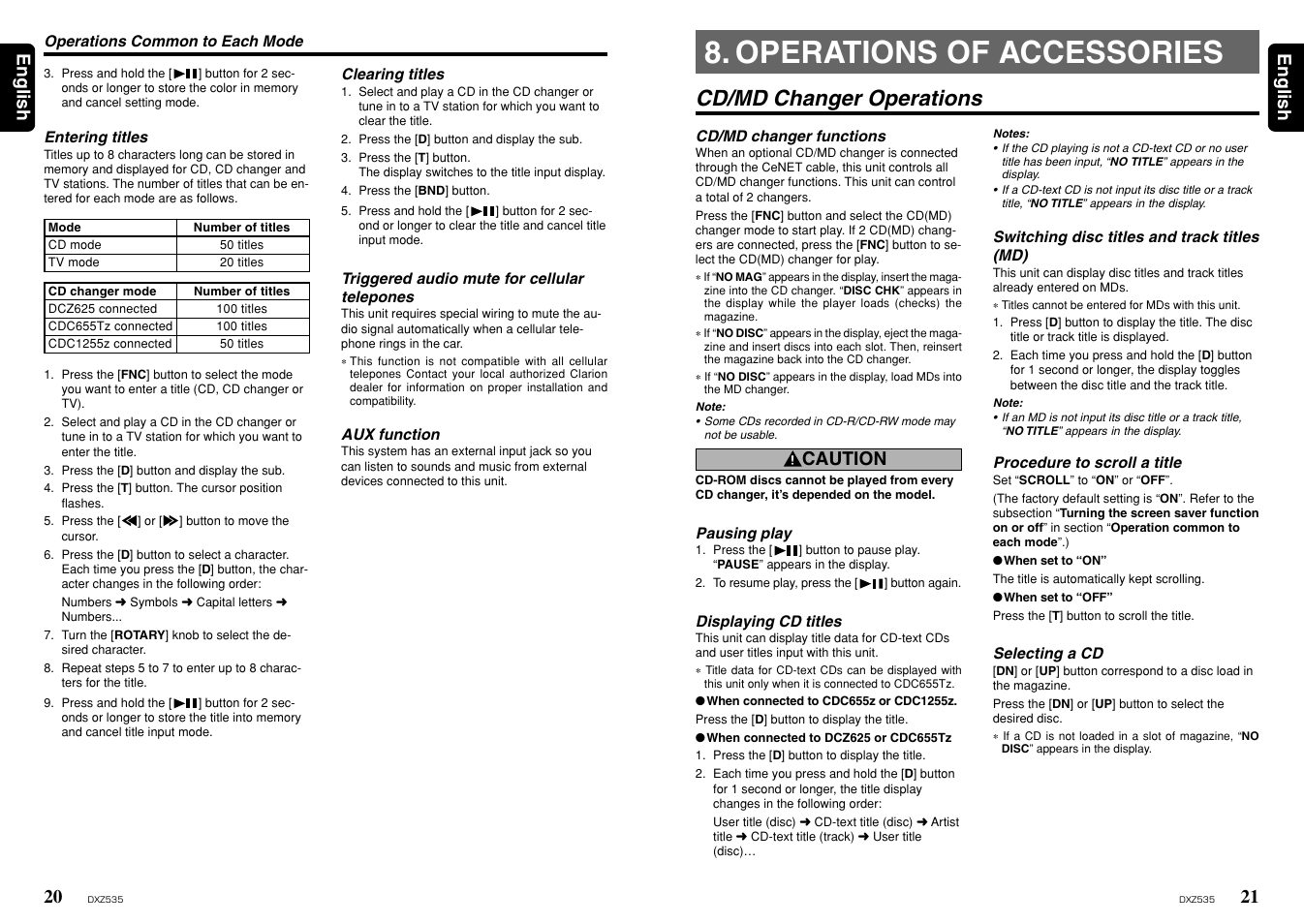 Operations of accessories, Cd/md changer operations, 21 english 20 | English, Caution | Clarion ProAudio DXZ535 User Manual | Page 11 / 15