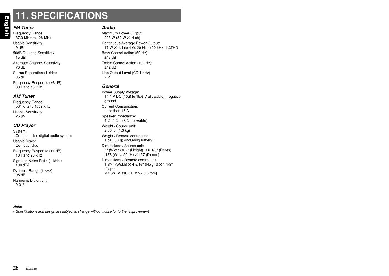 Specifications, English | Clarion ProAudio DXZ535 User Manual | Page 15 / 15