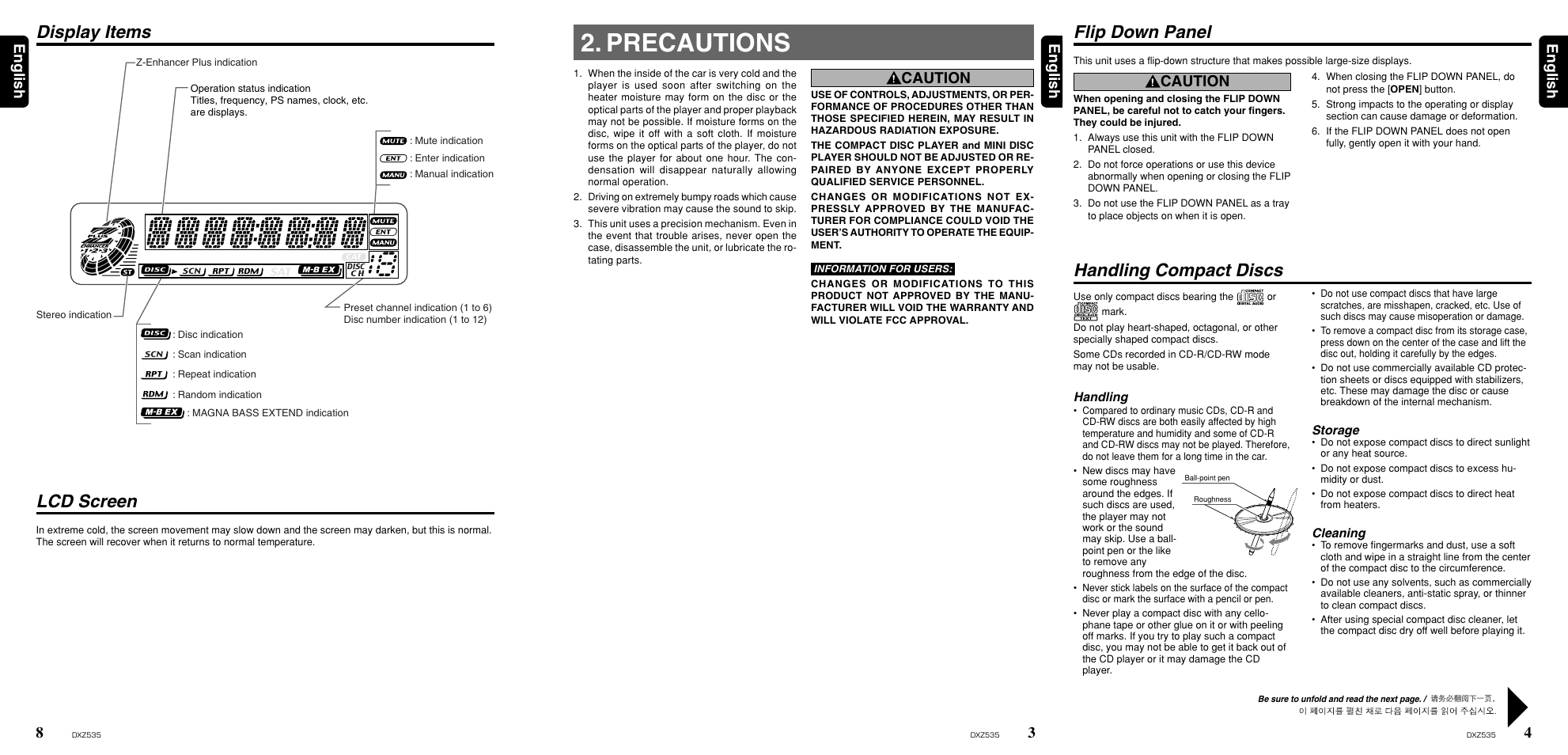 Precautions, Handling compact discs, Flip down panel | Lcd screen, Display items | Clarion ProAudio DXZ535 User Manual | Page 3 / 15