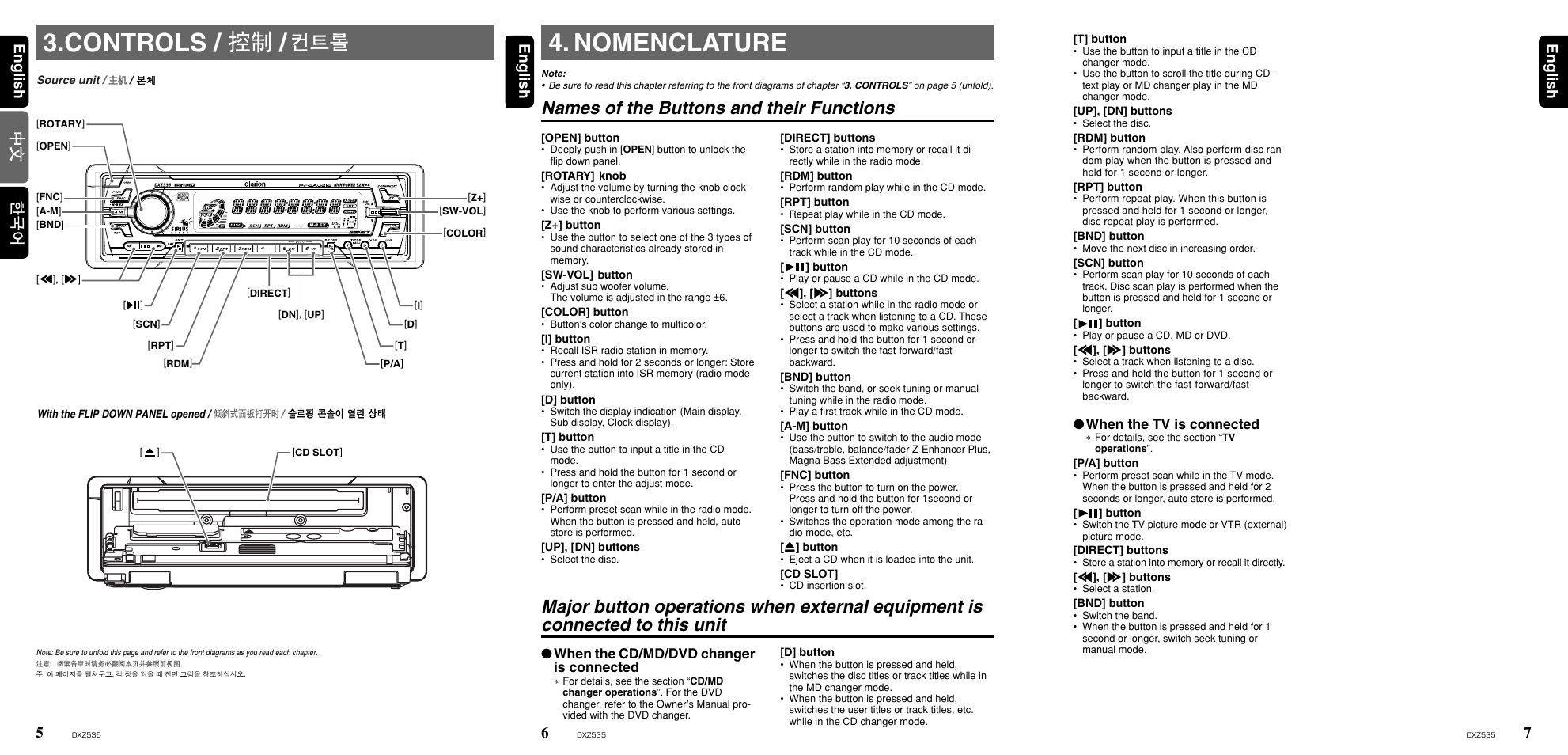 Nomenclature, Controls, Names of the buttons and their functions | Clarion ProAudio DXZ535 User Manual | Page 4 / 15