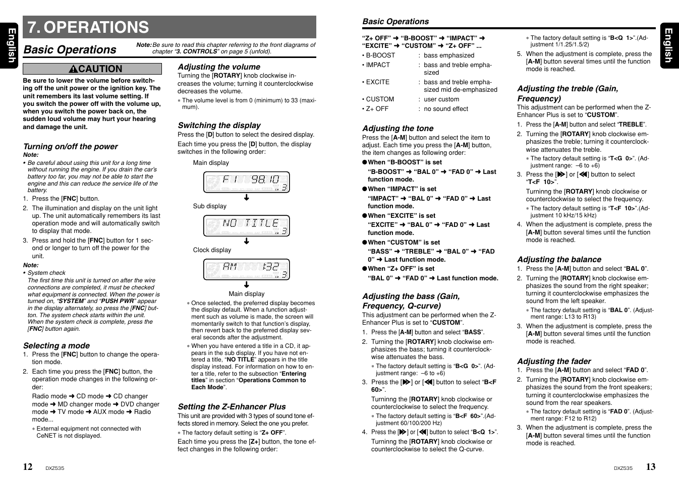 Operations, Basic operations, 13 english 12 | English, Caution | Clarion ProAudio DXZ535 User Manual | Page 7 / 15