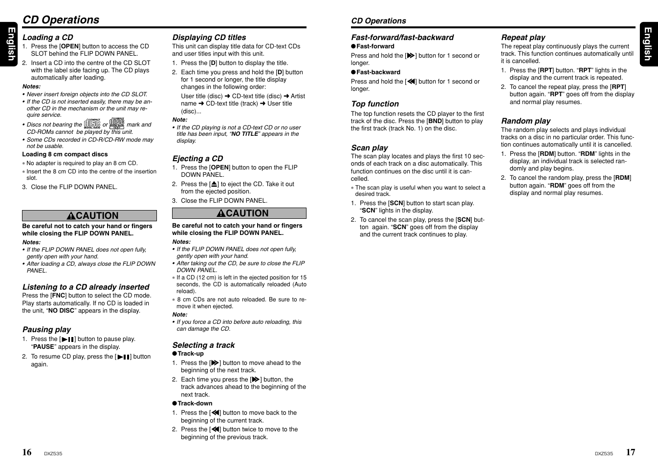 Cd operations, 17 english 16, English | Caution | Clarion ProAudio DXZ535 User Manual | Page 9 / 15