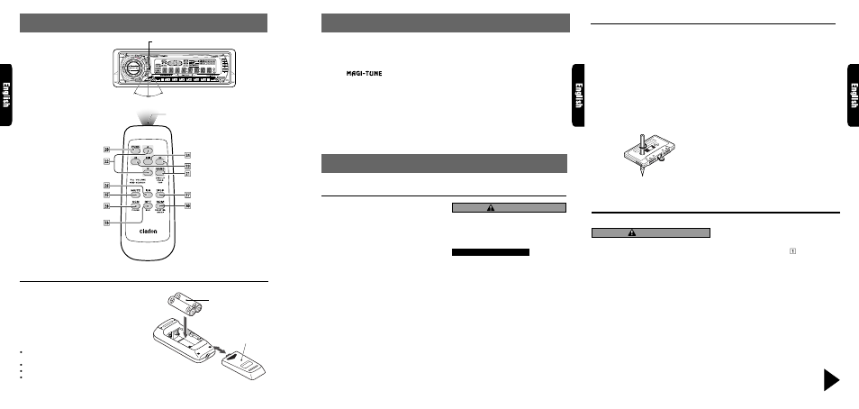 Precautions, Remote control, Features | Flip down panel, Inserting the batteries, Handling cassette tapes, Caution, Remote control unit, Handling precautions | Clarion RAX650Dz User Manual | Page 3 / 20